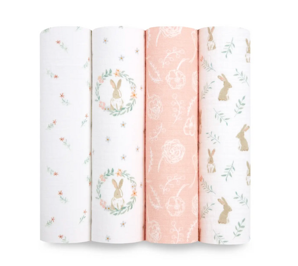 Essentials Cotton Muslin Swaddles | Blushing Bunnies (4 Packs)