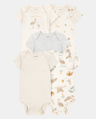 5-Pack Striped Birds Short-Sleeve Cotton Bodysuits
