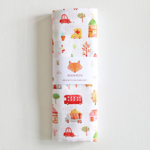 The Fox In The Attic Muslin Swaddle Blanket | Town -Just too Sweet - Babies and Kids Concept Store